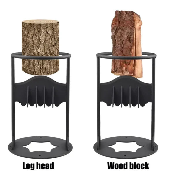 Heavy-duty cast iron kindling splitter securely mounted, ready for efficient wood splitting tasks.