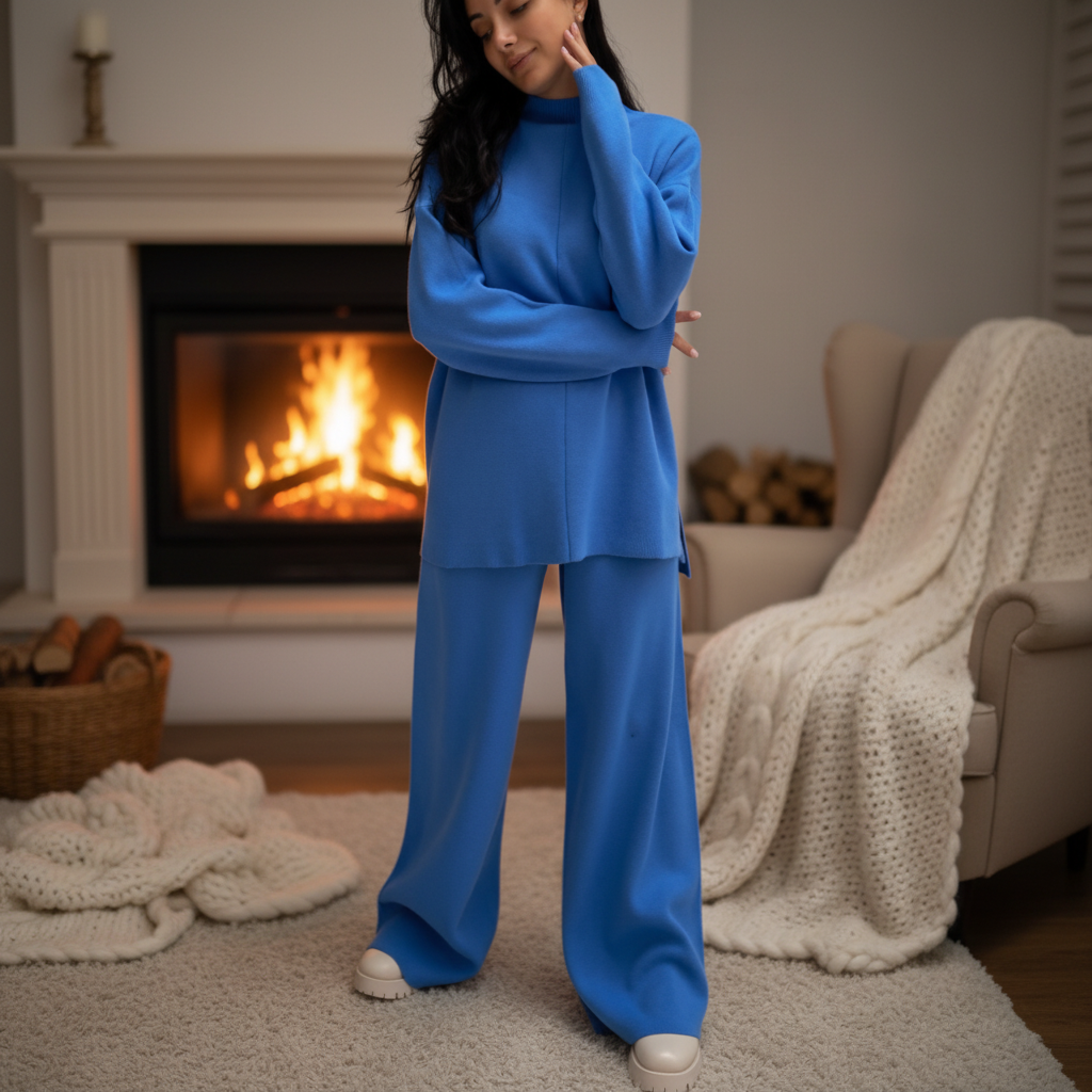 Casual knit lounge set for women featuring a cozy sweater and wide-leg pants in a neutral color.