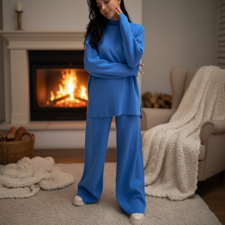 Casual knit lounge set for women featuring a cozy sweater and wide-leg pants in a neutral color.