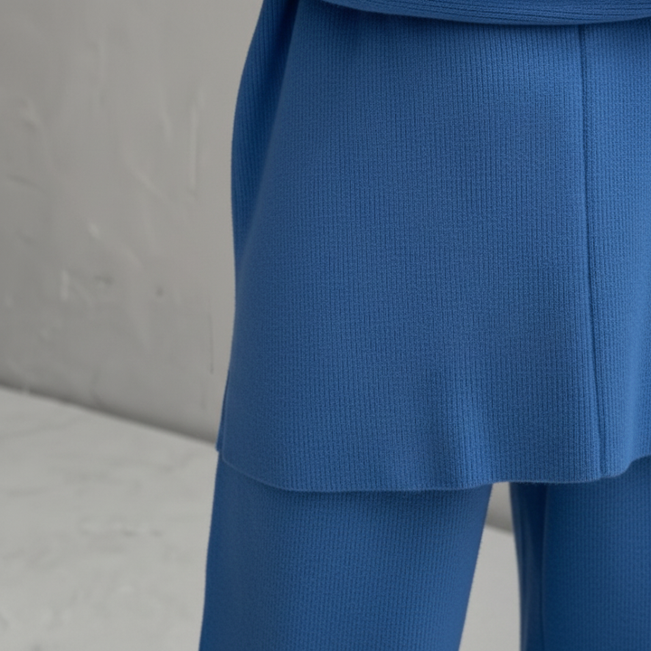 Soft grey knit casual lounge set for women, including a relaxed-fit top and stylish wide-leg pants.