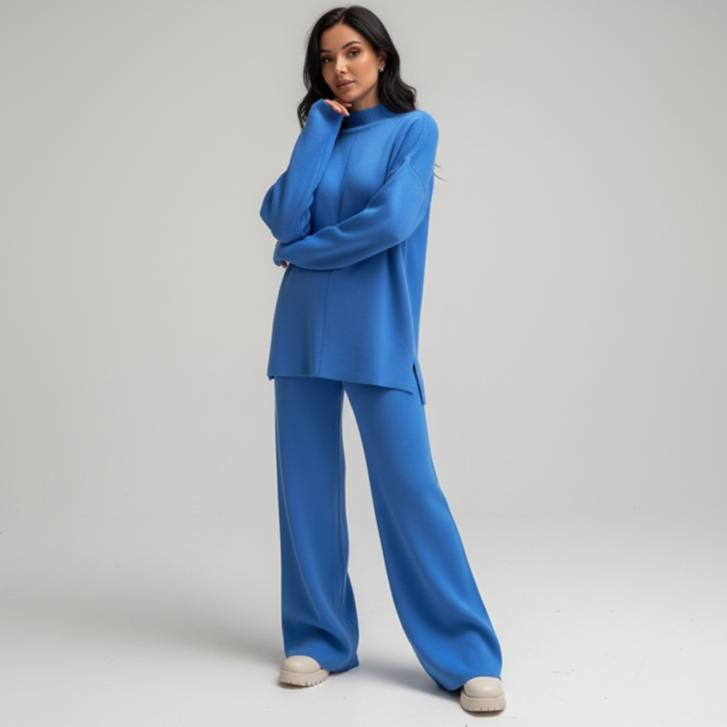 Comfortable women's knitwear lounge set in a solid color, ideal for everyday casual wear and relaxation.