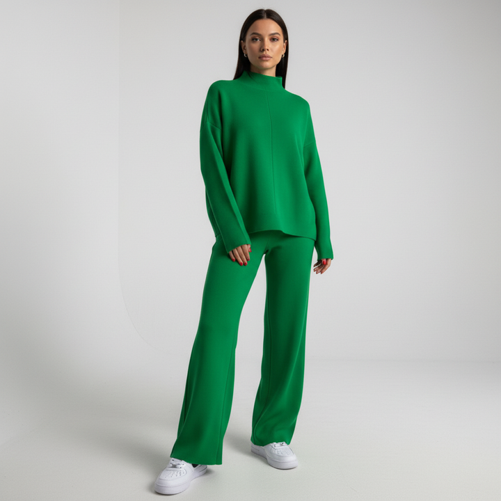 Leanne women's wide-leg knit lounge set, a versatile two-piece outfit for cozy comfort and style.