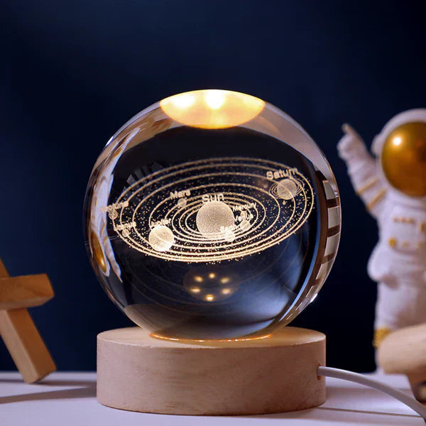 Close-up of CelestialGlow Crystal Sphere Night Light, intricate globe design, soft LED illumination