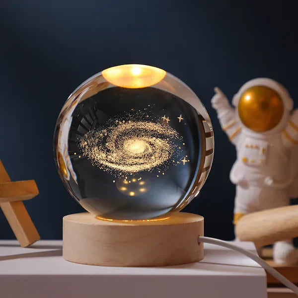 CelestialGlow night light on a bedroom nightstand, crystal sphere with warm, ambient glow