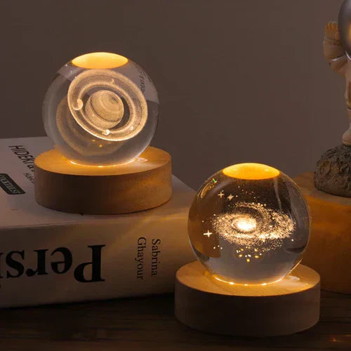 Desktop view of CelestialGlow Crystal Sphere LED lamp, unique home accent and bedroom light