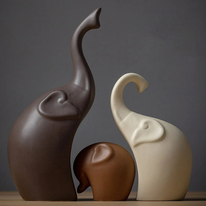 Ceramic elephant family trio statues, modern home decor sculpture for shelves & tables.