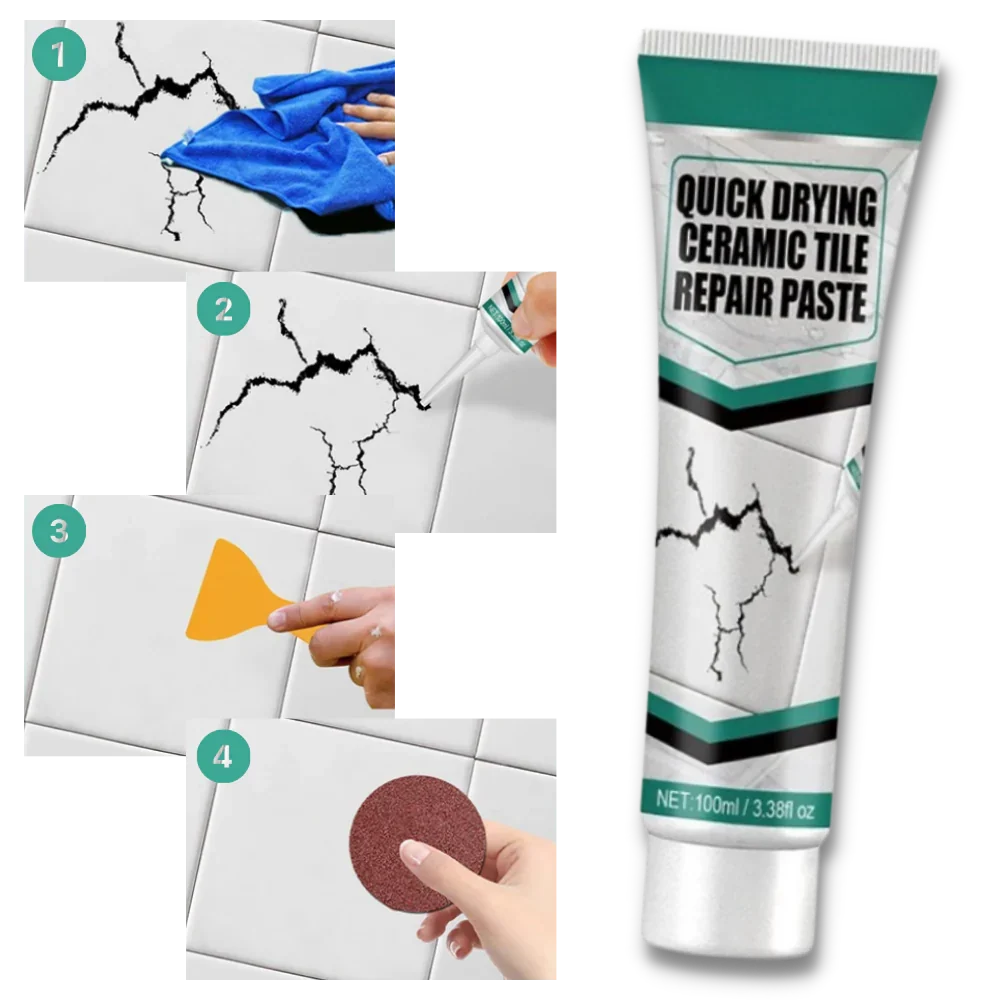 Hand applying fast-drying ceramic repair paste to fix a cracked tile. Waterproof DIY solution for home improvement.