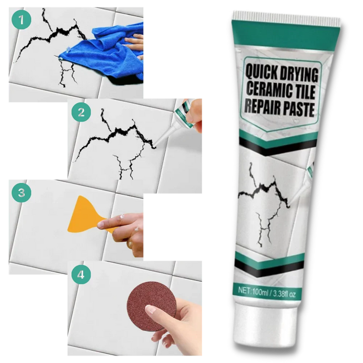 Hand applying fast-drying ceramic repair paste to fix a cracked tile. Waterproof DIY solution for home improvement.