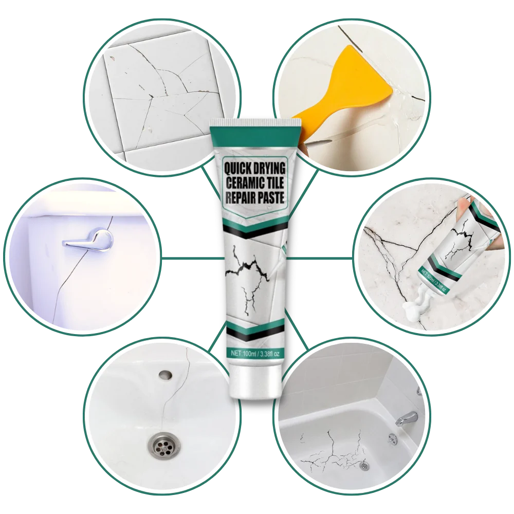 Ceramic Repair Paste Kit contents for DIY crack & chip repair. Non-toxic, easy-to-use for bathroom & kitchen.