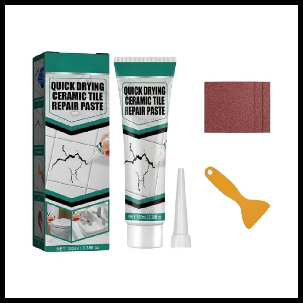 DIY ceramic repair paste restoring a cracked kitchen countertop. Fast-drying, professional finish for tiles.