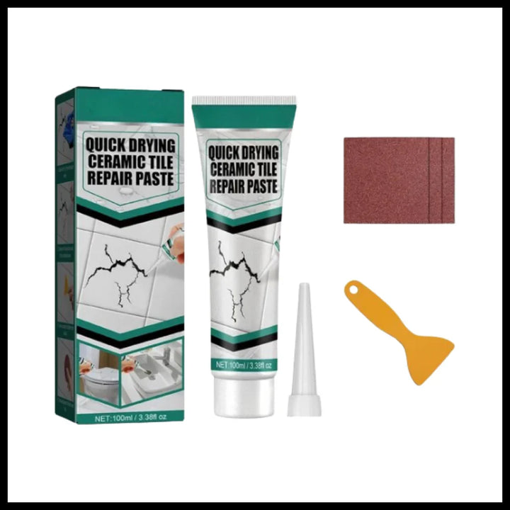 DIY ceramic repair paste restoring a cracked kitchen countertop. Fast-drying, professional finish for tiles.