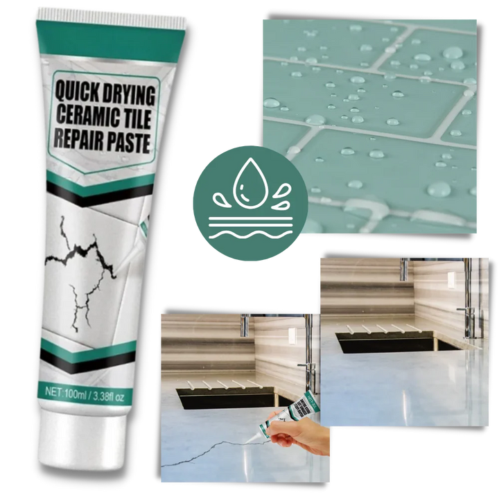 Close-up of seamless tile repair using waterproof ceramic paste. Durable crack & chip filler for home surfaces.