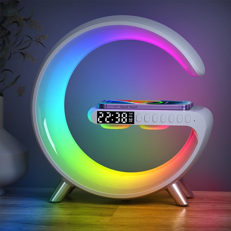 ChargeGlow smart wireless charger with Bluetooth speaker, LED lamp & alarm clock for desk home decor