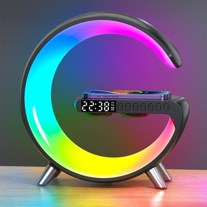 Universal wireless phone charger with integrated Bluetooth speaker and sunrise lamp, a smart tech accessory