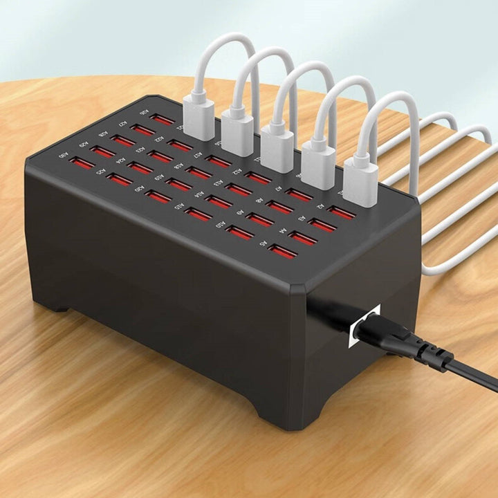 ChargeMax 30-port USB charging station with smart cooling, efficiently charging multiple devices for office or home