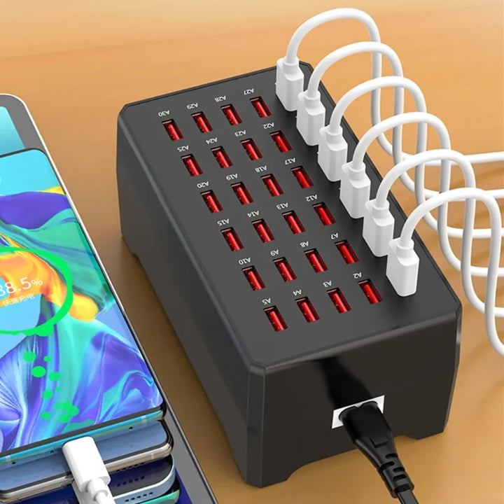 Universal 30-port USB charger, a black multiport charging station with smart cooling for fast home and office charging