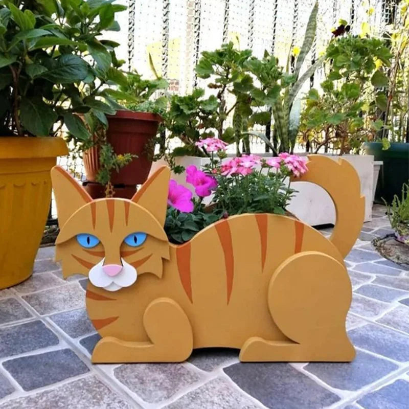 Whimsical cat-shaped plastic garden planter, unique outdoor decor & DIY plant pot.