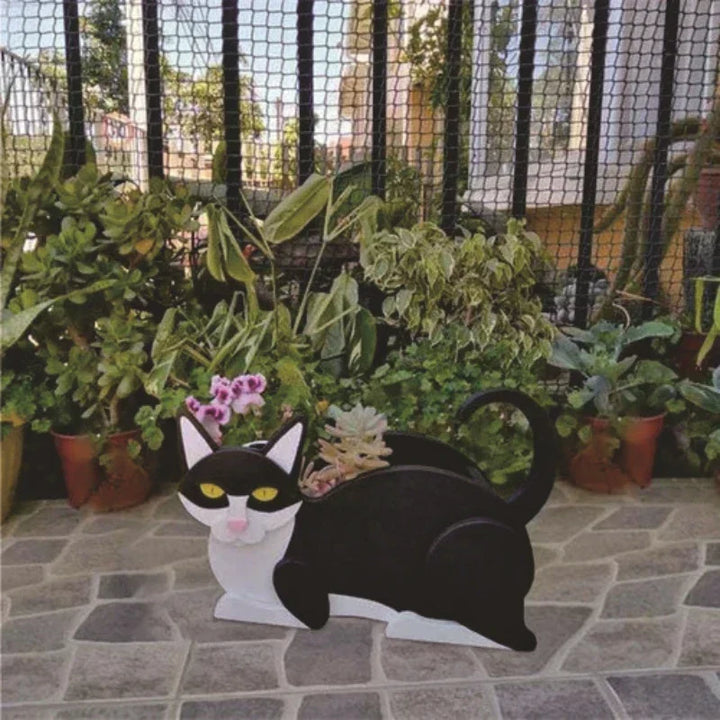 Charming cat-shaped planter for whimsical garden decor and outdoor plants.