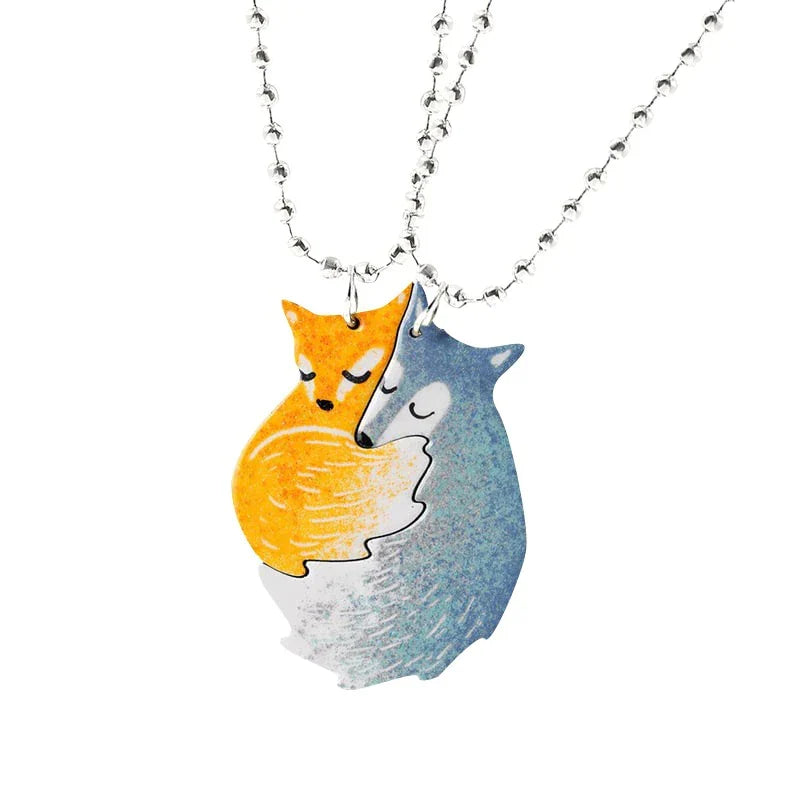 Nature-inspired fox and wolf necklace, silver tone, perfect as a couple's gift or symbolic accessory.