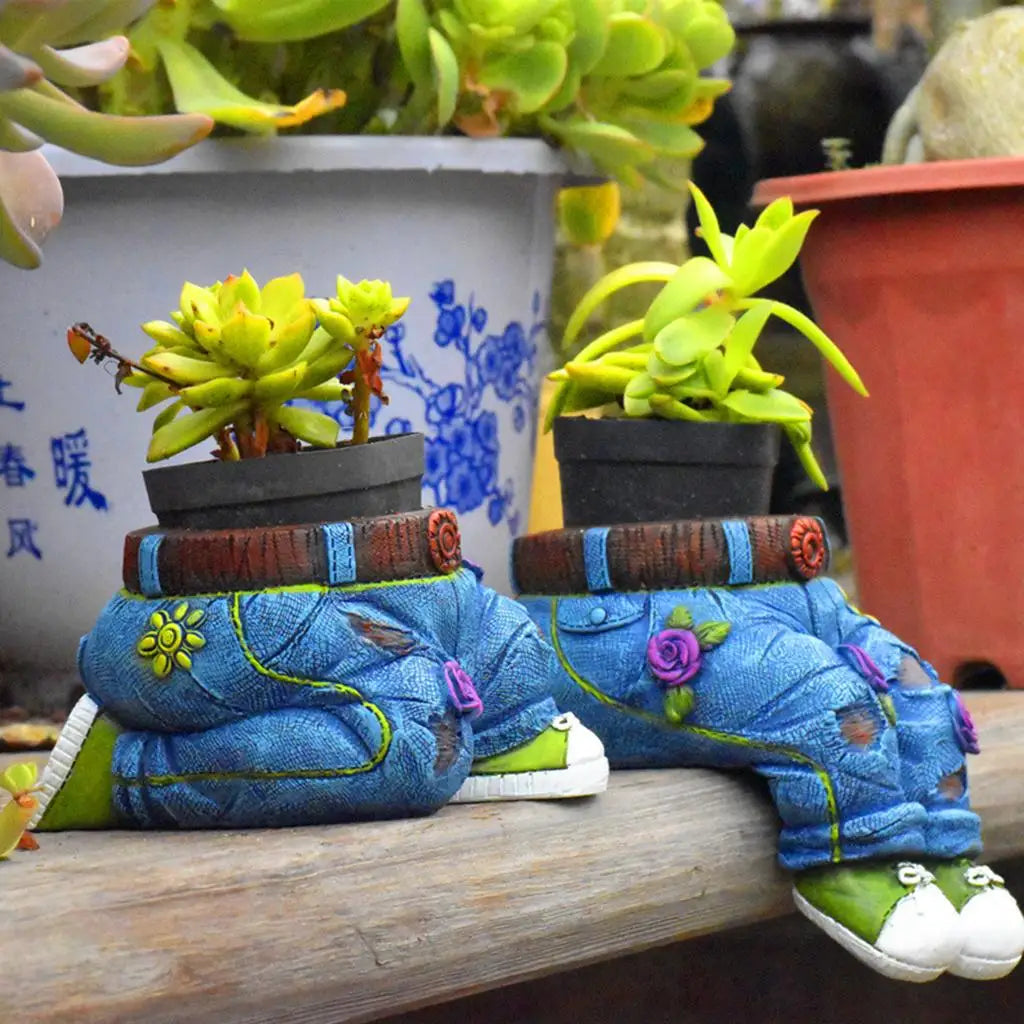Sweet resin gardener figurine planter, nurturing a succulent, ideal for indoor plant decor.