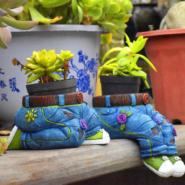 Sweet resin gardener figurine planter, nurturing a succulent, ideal for indoor plant decor.