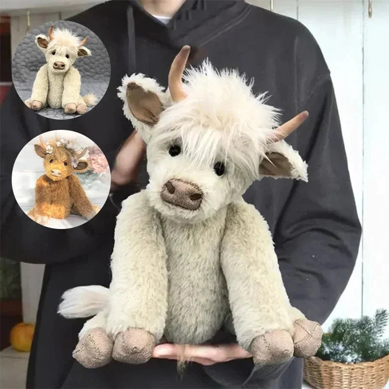 Fluffy Highland Cow plush with a lovely floral crown. A handcrafted soft toy, great for animal lovers and decor.