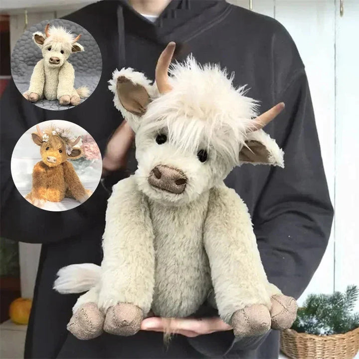 Fluffy Highland Cow plush with a lovely floral crown. A handcrafted soft toy, great for animal lovers and decor.