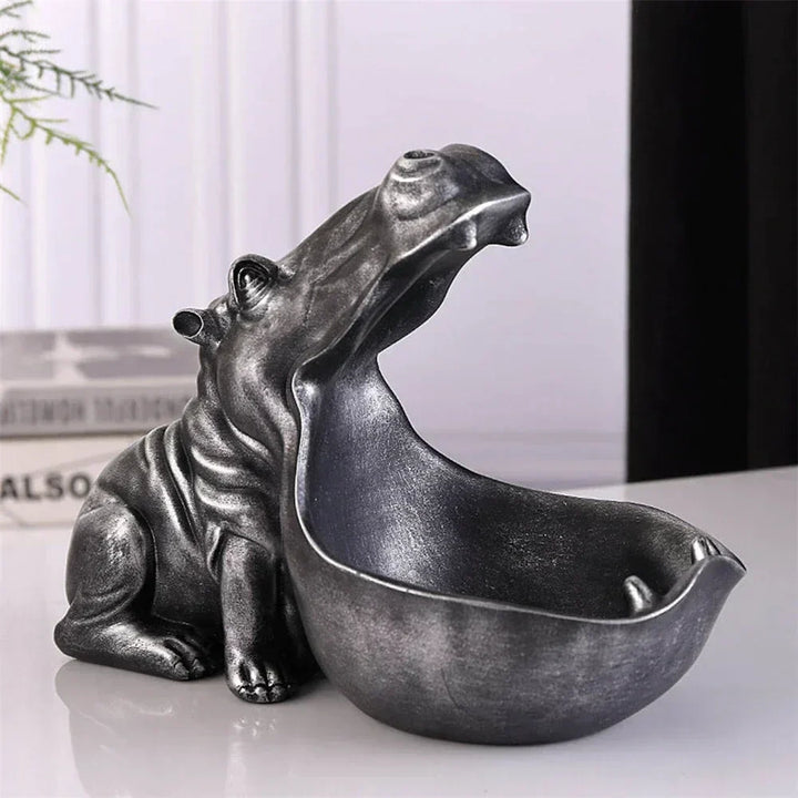 Decorative hippo statue with an open mouth, functioning as a desk organizer & storage box.