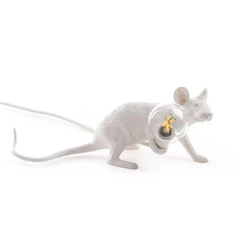 Adorable resin mouse LED table lamp in white, a whimsical decorative lamp for any room.