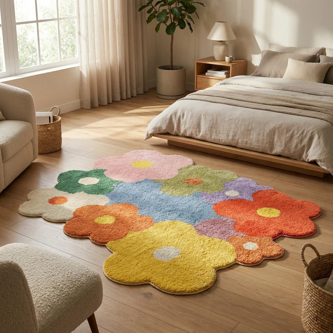 Cheerful floral meadow area rug with whimsical waves. Soft floor decor for living rooms & bedrooms.
