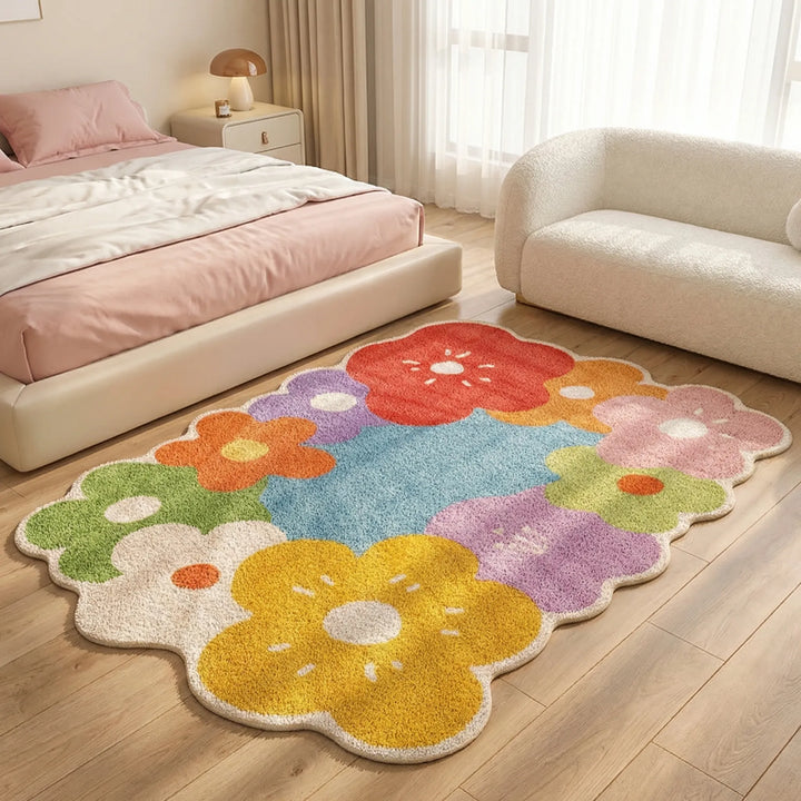 Eye-catching floral meadow area rug. Soft, playful room decor, perfect as a vibrant floor covering for any space.