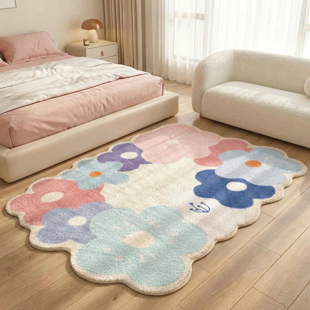 Vibrant floral meadow area rug with soft waves. Playful, cheerful floor decor adds a whimsical touch to your home.
