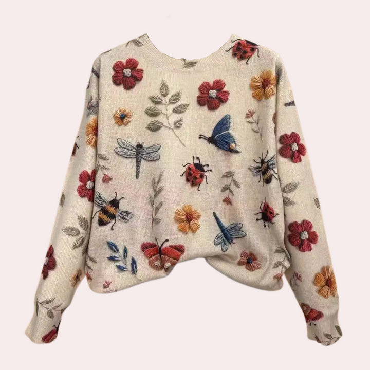 Versatile blue women's floral print sweater, comfortable and chic for spring and autumn style.