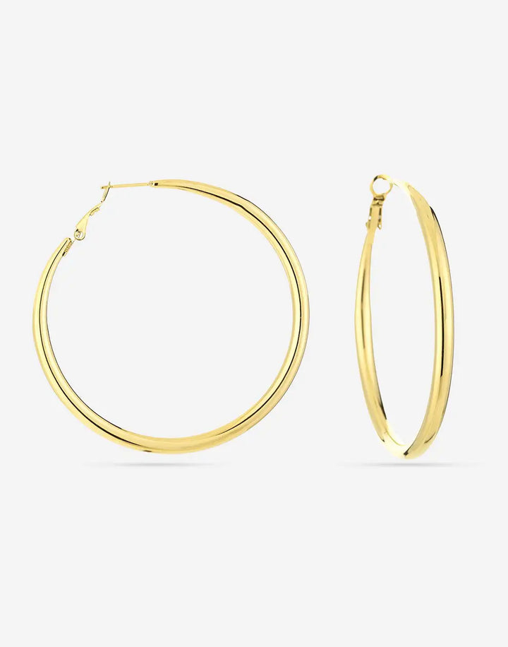 Versatile 60mm gold-plated hoop earrings for women. Fashionable & chic statement jewelry, ideal for any look.