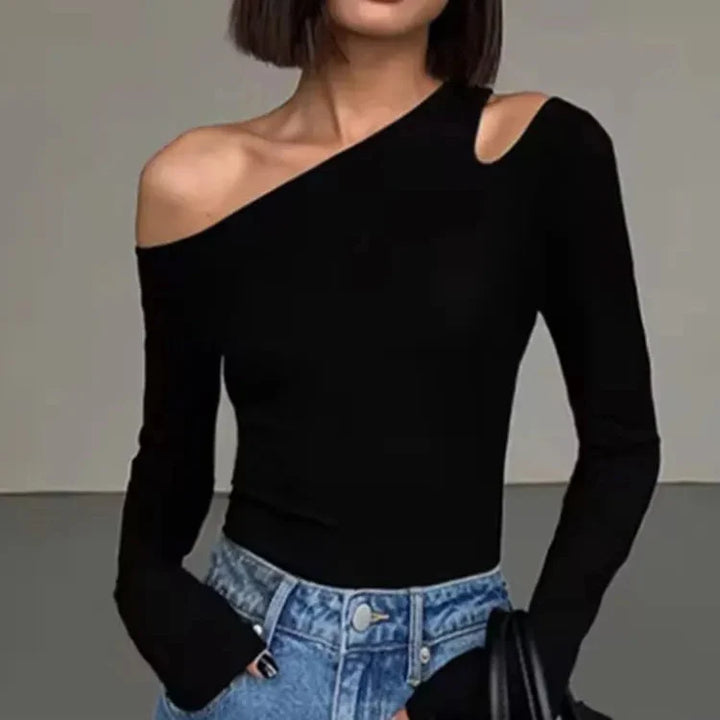Chic black off-shoulder long sleeve top for women, perfect for versatile everyday fashion.