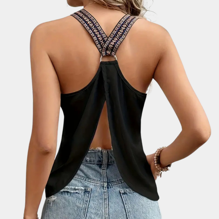 Comfortable black V-neck women's top, ideal for casual wear or versatile styling. A stylish wardrobe essential.