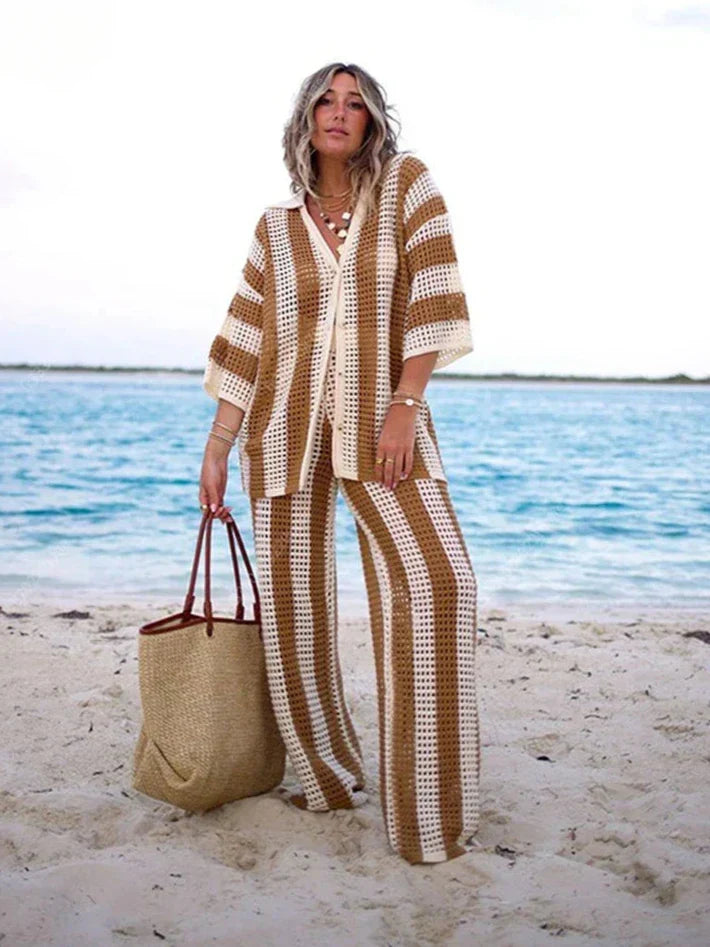 Chic Bohemian knit two-piece summer set for women, perfect casual vacation outfit with striped top & skirt.