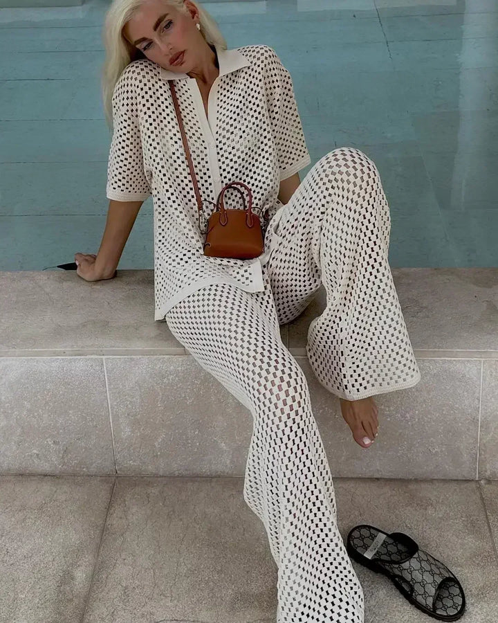 Casual women's bohemian knit two-piece set for summer, stylish vacation outfit or beachwear.