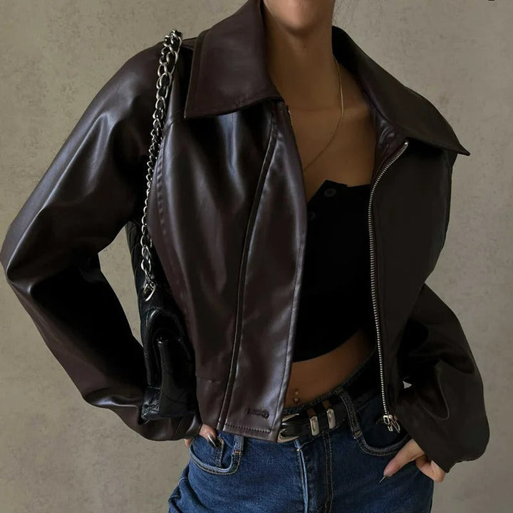 Lightweight brown PU leather summer jacket for women, featuring a chic notched collar and tailored fit for versatile fashion.