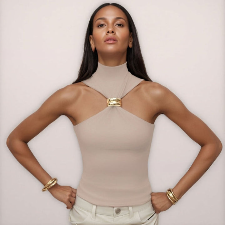 Modern women's Doria tank top. Sleek design with a stylish ring accent, a key piece for summer fashion.