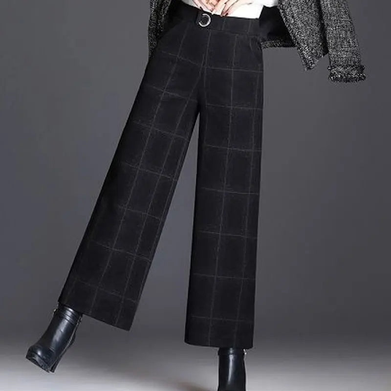 Women's belted plaid wide-leg trousers, high-waisted for a flattering silhouette, chic office or casual wear.