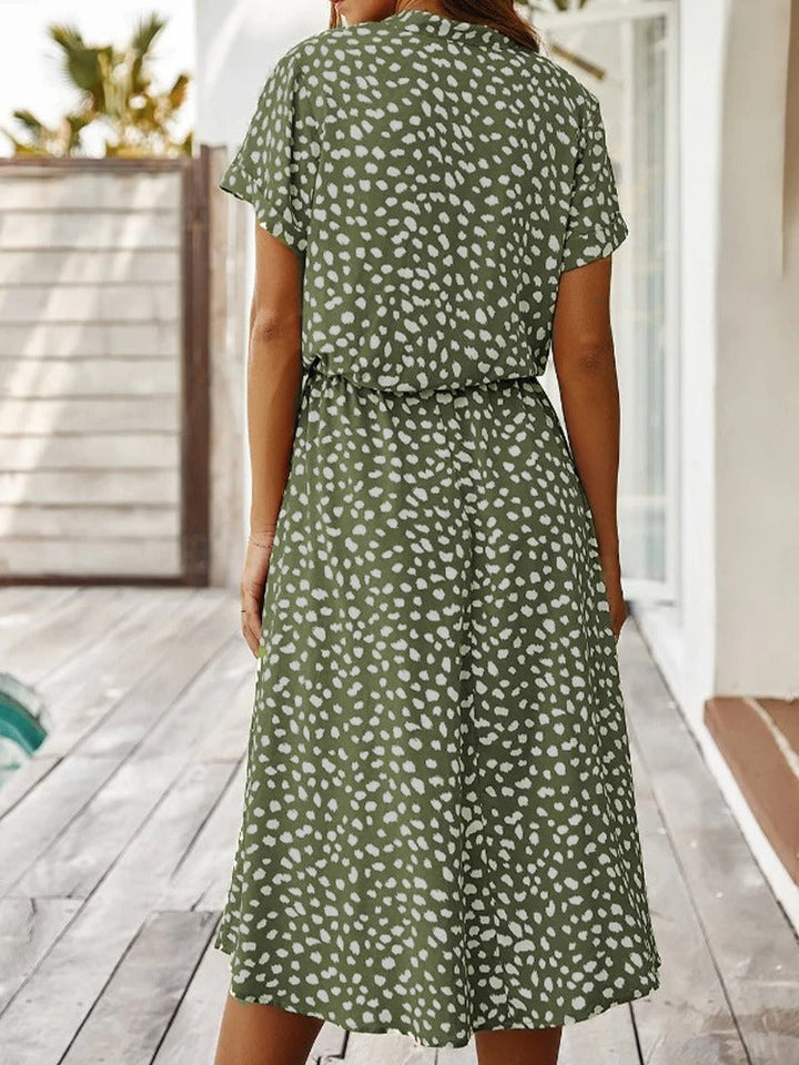 Sophia women's chic printed midi summer dress with short sleeves, comfortable stylish casual wear.