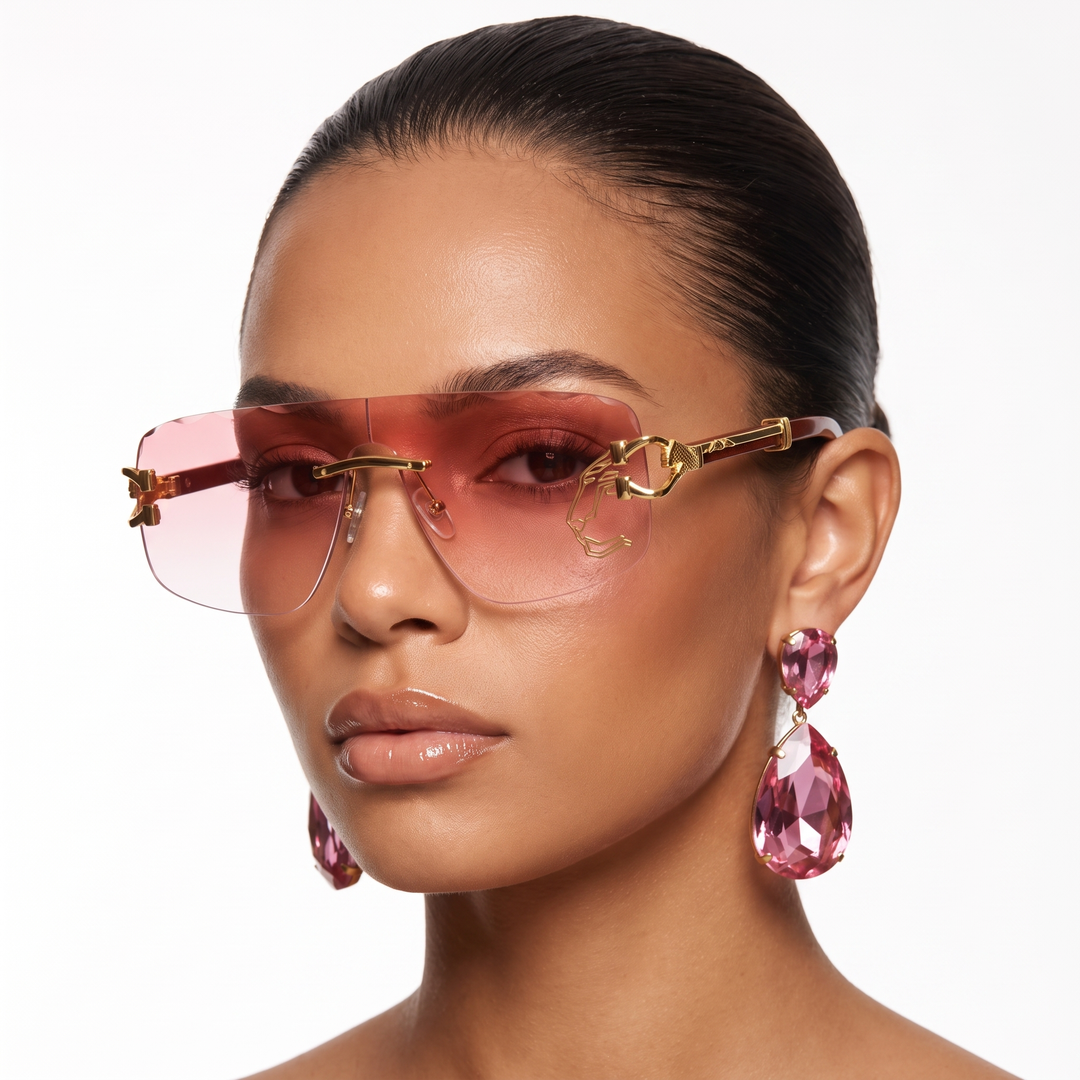 Woman wearing stylish rimless UV protection sunglasses, enjoying summer with chic and lightweight eyewear.