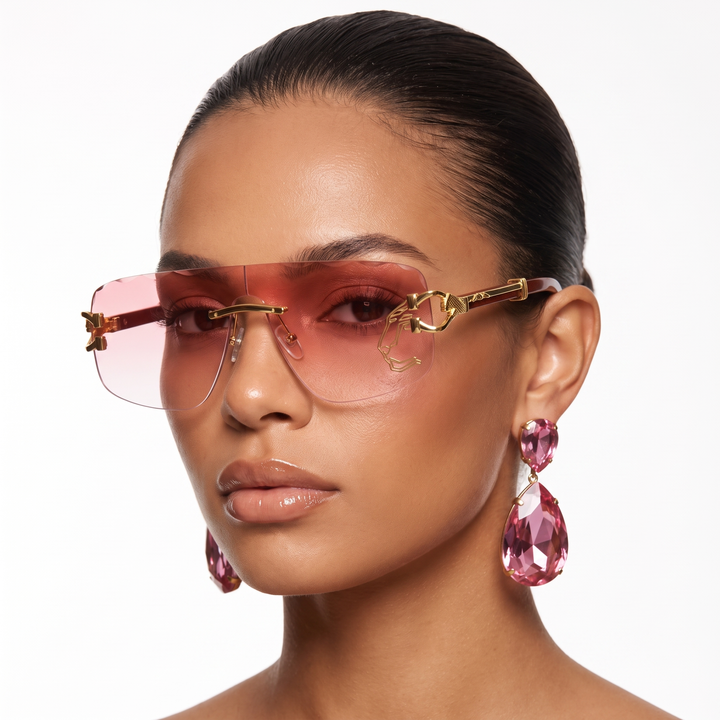 Woman wearing stylish rimless UV protection sunglasses, enjoying summer with chic and lightweight eyewear.