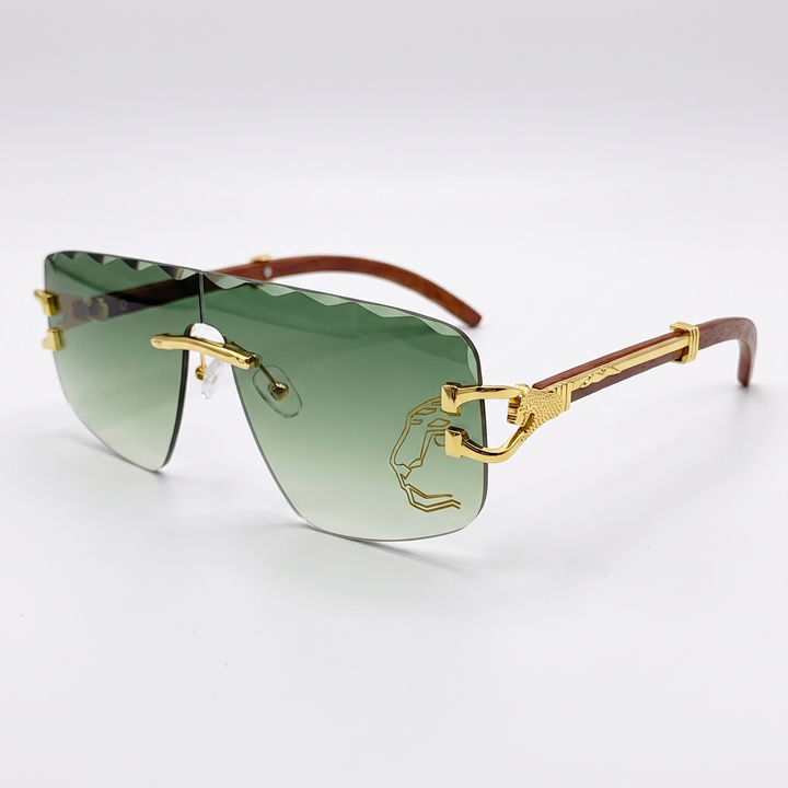 Stylish women's rimless sunglasses protecting eyes from UV rays, a chic fashion accessory for elegant summer style.