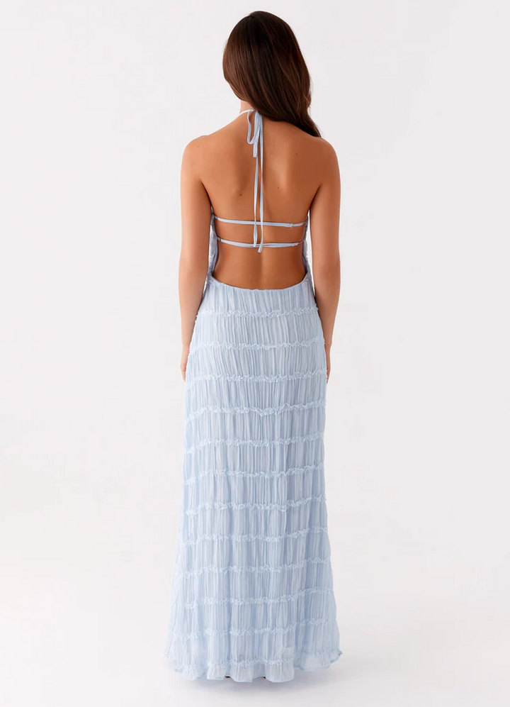 Women's fashion: chic textured halter maxi dress. A stunning formal evening gown for any special occasion.
