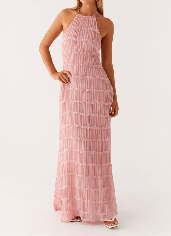 Women's elegant textured maxi dress, a stylish halter neck gown for special occasions & formal events.