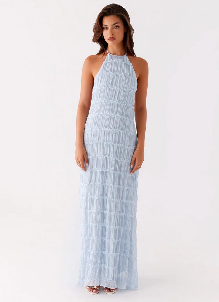Stunning halter maxi dress for wedding guests. Features chic texture & an elegant open back design.