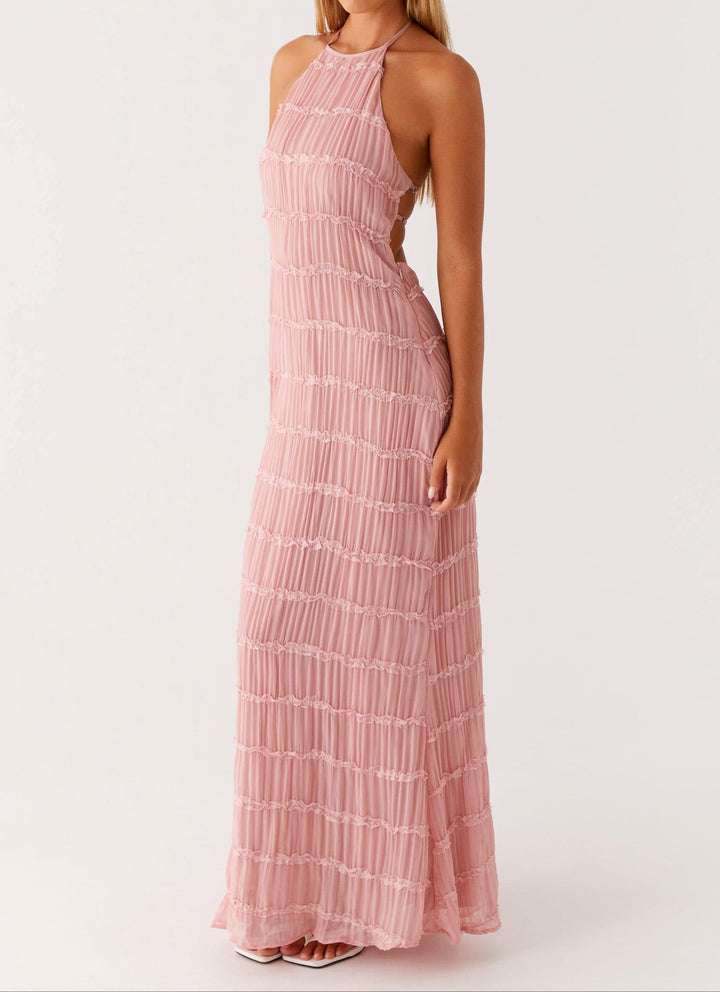 Sophisticated textured halter maxi dress for women. An elegant wedding guest or evening gown.