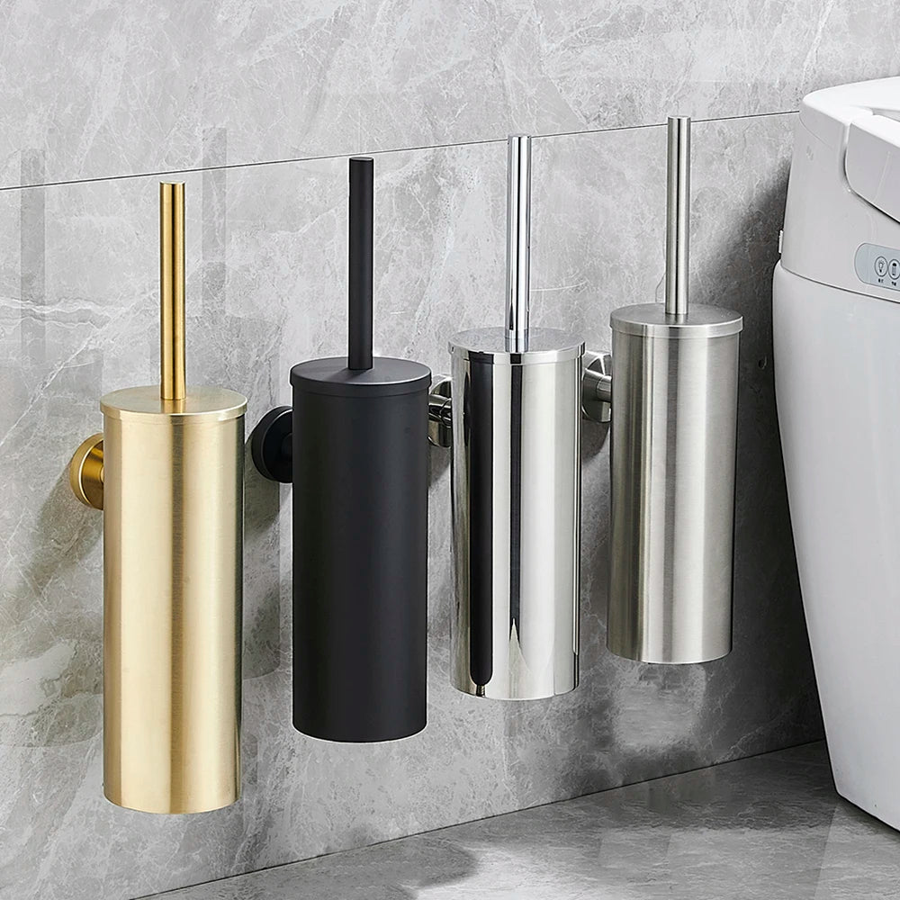 Chic wall-mounted toilet brush for modern bathrooms, stainless steel holder for home organization.